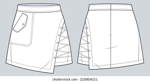 Lace up Mini Skirt technical fashion illustration. Asymmetric Skirt fashion flat technical drawing template, mid rise, pocket, front and back view, white, women CAD mockup.