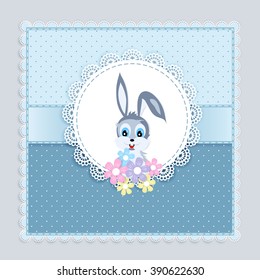 lace napkin,  bunny with bouquet of  flowers  on blue-grey  background,  vector illustration