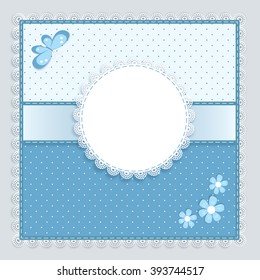 lace napkin with decorative flower and butterfly on blue-grey  background,  vector illustration