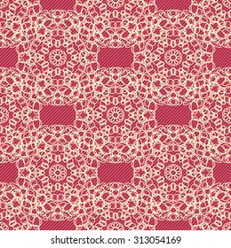 Lace on striped red background, seamless vector pattern, print, wallpaper, vintage style, design tile, repeating paper, fabric