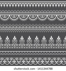 Lace openwork seamless vector pattern, retro ornamental repetitive design with flowers and swirls in white on gray background. Ornametnal lace frame collection, retro textile decoration 