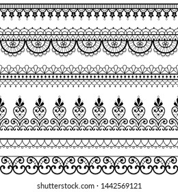 Lace openwork seamless vector pattern, retro ornamental repetitive design with flowers and swirls in black on white background. 
Ornametnal lace frame collection, monochrome retro textile decoration 