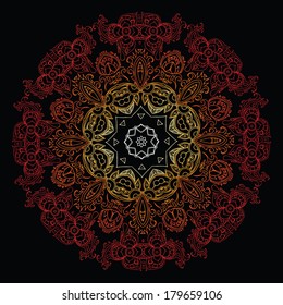 Lace ornament mandala. Indian style illustration. Vector abstract ornament with gold, orange, red and black colors.