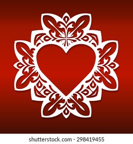 Lace ornament, round ornamental geometric doily pattern with heart shaped empty space for text. Vector illustration greeting, wedding invitation, Valentine's card. 