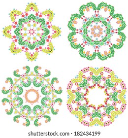 Lace ornament set, round doily ornamental geometric pattern, floral holiday decoration 