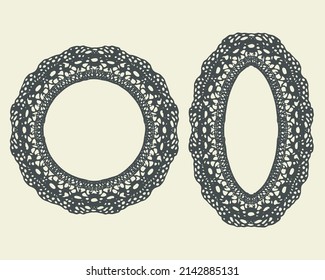Lace ornamental Frame set. Rounded border, ellipse and circle shapes, wreath. Vector