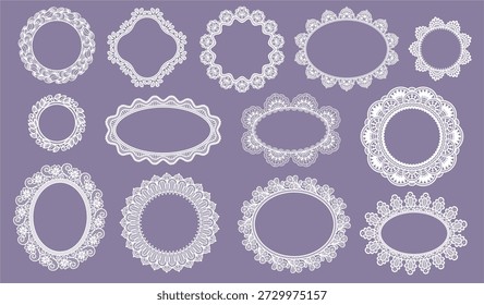 Encaje ovalado y borde circular. Guipure tapetes y filigrana floral para invitación de boda, papelería nupcial y etiqueta elegante. Marco de encaje de Antiguas para álbum de recortes, conjunto de Vector aislado de Plantilla cortada por láser.