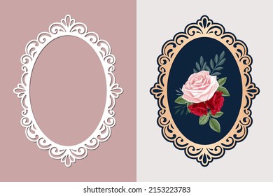 Lace oval frame cut template, Vintage background with rose flower in an openwork frame, vector.