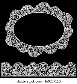 Lace oval frame and seamless stripe. Vintage white Doily isolated on black background 
