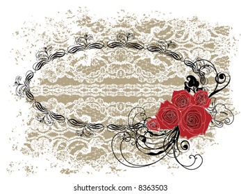 lace oval frame valentine red roses and swirls (vector)