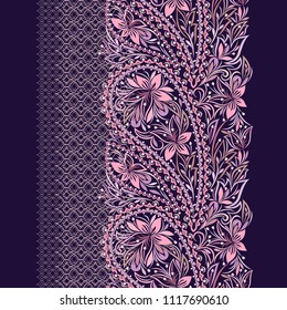 Lace paisley vertical purple seamless pattern. Beautiful ethnic ornament . Vector print. Use for braid, tape, ribbon.