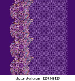 Lace paisley vertical purple seamless pattern. Beautiful ethnic ornament . Vector print. Use for braid, tape, ribbon.