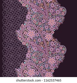 Lace paisley vertical seamless pattern. Beautiful ethnic floral ornament . Vector print. Use for braid, tape, ribbon.