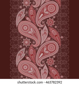 Lace paisley vertical seamless pattern. Ethnic monochrome ornament. Vector print. Use for braid, tape, ribbon.