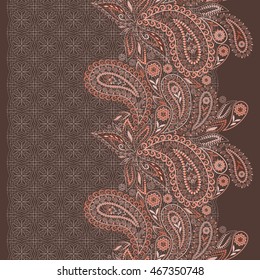 Lace paisley vertical seamless pattern. Ethnic monochrome ornament . Vector print. Use for braid, tape, ribbon.