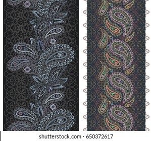 Lace paisley vertical seamless pattern. Ethnic monochrome   ornament . Vector set. Use for braid. embroidery, tape, ribbon.