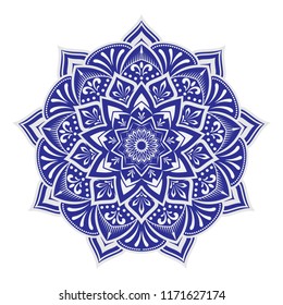 Lace pattern art. Mandala. Decoration ornament element with blue color and gray outline