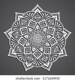 Lace pattern art. Mandala. Decoration ornament element with white color in gray gradient background. Papercut