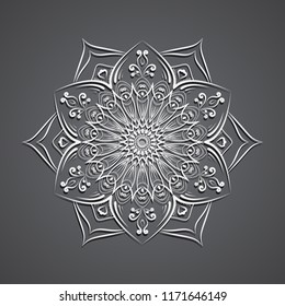 Lace pattern art. Mandala. Decoration ornament element with white color in gray gradient background. Papercut