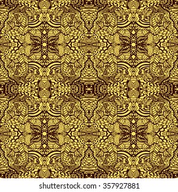 Lace pattern black and gold textile texture. Vector abstract seamless fantasy lace pattern hand drawn outline geometrical ornaments, freehand stripes. Lace pattern seamless textile print. Vector.