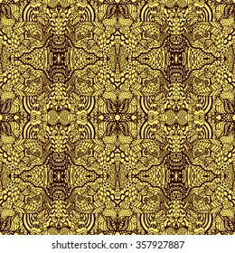 Lace pattern black and gold textile texture. Vector abstract seamless fantasy lace pattern hand drawn outline geometrical ornaments, freehand stripes. Lace pattern seamless textile print. Vector.