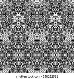 Lace pattern black and white textile texture. Vector abstract seamless fantasy lace pattern hand drawn outline geometrical ornaments, freehand stripes. Lace pattern seamless textile print. Vector.