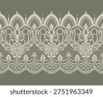 Lace pattern border Floral embroidery trim with detailed flower design, ornate texture. Elegant vintage ribbon illustration. Delicate botanical element for wedding, scrapbooking, collages.