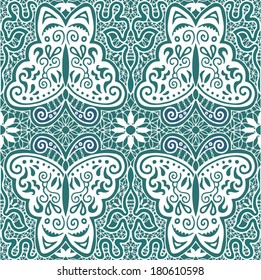 Lace pattern, butterfly abstract decoration, seamless background, hand drawn sketch, retro floral and geometric ornament, lacy texture
