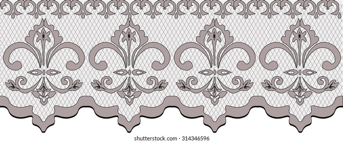 Lace pattern with classic floral ornaments in pale pink. Vector