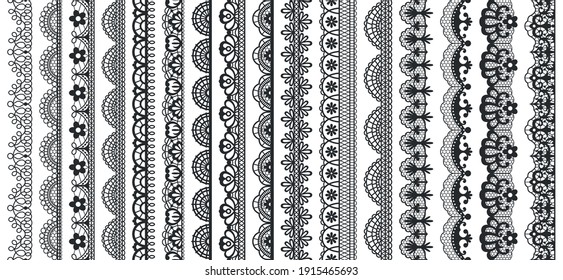 Lace pattern elements. Vintage seamless figured lace borders, beautiful wedding lace decoration. Black lace borders vector illustration set. Seamless black gorgeous stripe, delicate simple pattern