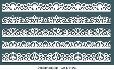 Lace pattern elements. Vintage seamless figured lace borders, beautiful wedding lace decoration. Black lace borders vector illustration set. Seamless black gorgeous stripe, delicate simple pattern