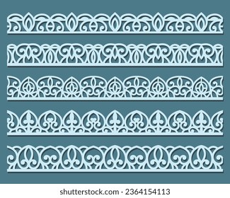 Lace pattern elements. Vintage seamless figured lace borders, beautiful wedding lace decoration. Black lace borders vector illustration set. Seamless black gorgeous stripe, delicate simple pattern