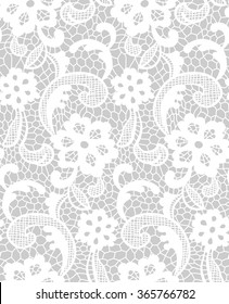 Lace pattern with floral motifs. Grey and white. Vector seamless repeating pattern.