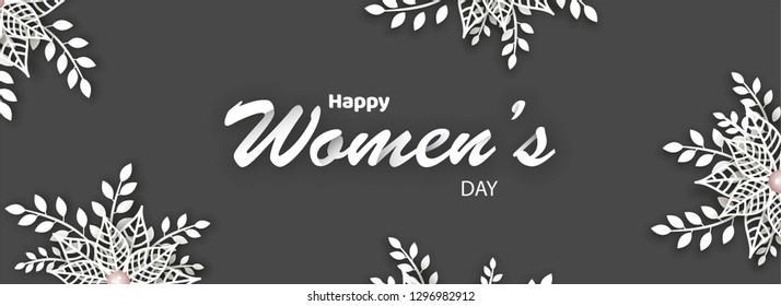Lace pattern flower decorated on gray background for Women's Day celebration header or banner design.
