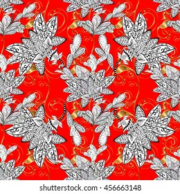 Lace pattern with flowers and golden doodles on red background. Vector illustration.