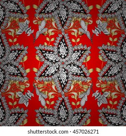 Lace pattern with flowers and golden doodles on red background. Vector illustration.