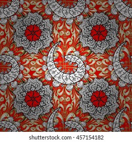 Lace pattern with flowers and golden doodles on red background. Vector illustration.