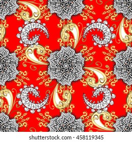 Lace pattern with flowers and golden doodles on red background. Vector illustration.