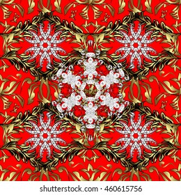 Lace pattern with flowers and golden doodles on red background. Vector illustration.