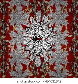 Lace pattern with flowers and golden doodles on red background. Vector illustration.