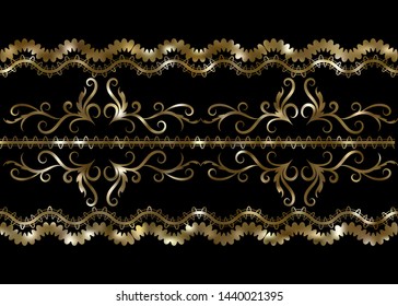 Lace pattern golden on a black background. Pattern for fabric, wrapping paper. Design element. Vector illustration.