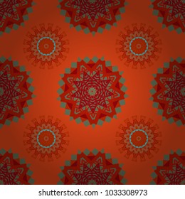Lace pattern with tribal geometric pattern cards. Vector sketch for boho, authentic design. Seamless pattern template with ethnic ornate and abstract mandala in green, orange and red colors.