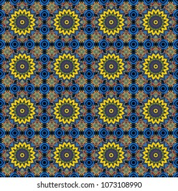 Lace pattern with tribal geometric pattern cards. Vector sketch for boho, authentic design. Seamless pattern template with ethnic ornate and abstract mandala in black, blue and yellow colors.