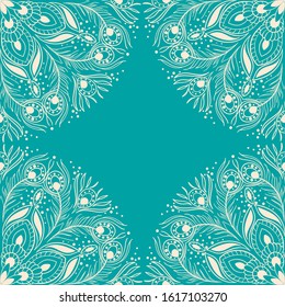 Lace peacock corner frame on a turquoise background. Repeating pattern card with copy space