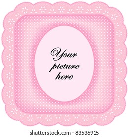 Lace Picture Frame, eyelet border, polka dots on pastel pink with oval copy space for your favorite picture, text for albums, scrapbooks, birthdays and holidays. 