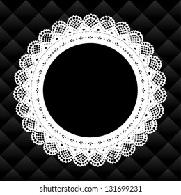 Lace Picture Frame, Vintage round doily with black diamond quilted background.  Copy space for pictures for albums, scrapbooks, holidays. 