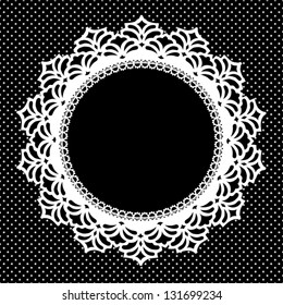 Lace Picture Frame, Vintage Round Doily With Polka Dot Background. Copy Space For Pictures For Albums, Scrapbooks, Holidays. EPS8 Includes Pattern Swatch That Seamlessly Fills Any Shape.