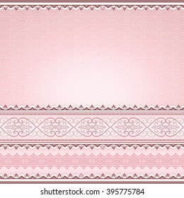 Lace pink brown vintage seamless border on a pink.  Element for design and place for your text. Ornamental backdrop. Ornate floral decor for wallpaper. Traditional decor on pink background.