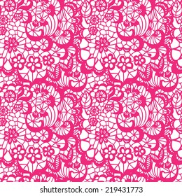 Lace pink seamless pattern with flowers on white background