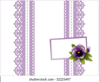 Lace Present, Victorian style, lavender lace ribbon on white background. Gift card with violet pansy flower, copy space for Mother's Day, birthdays, anniversaries, showers, weddings. 